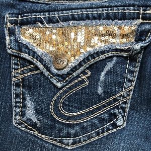 Silver Suki Surplus sequin flap pocket bootcut jeans Sz 27x32